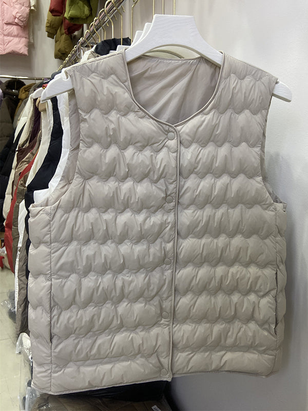 xakxx Loose Sleeveless Buttoned Quilted Solid Color Round-Neck Padded Vest