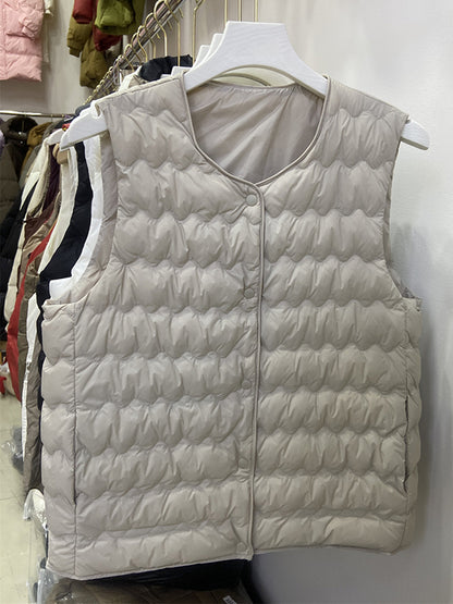xakxx Loose Sleeveless Buttoned Quilted Solid Color Round-Neck Padded Vest