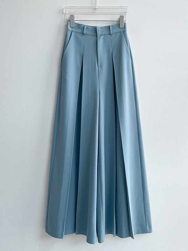 xakxx High Waisted Wide Leg Pleated Solid Color Casual Pants Bottoms Trousers
