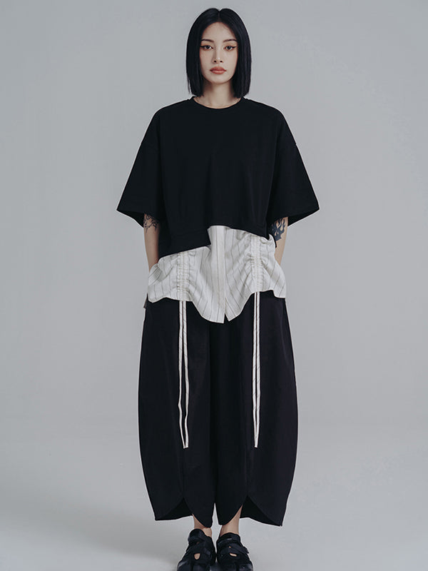 xakxx Simple Loose Elasticity Waist Wide Leg Solid Color Pants
