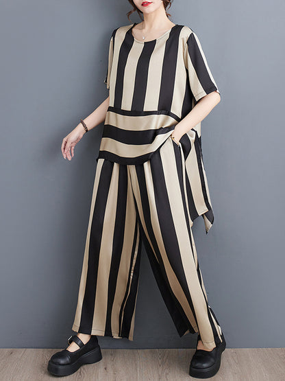 xakxx Irregular Clipping Loose Striped Round-Neck T-Shirt + Wide Leg Pants Two Pieces Set
