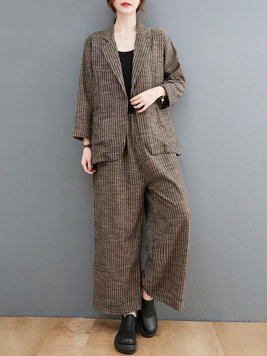 xakxx Vintage Ramie Cotton Notched Collar One Button Suits+Column Pants 2 Pieces Set