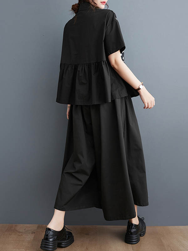 xakxx Loose Short Sleeves Contrast Color Pleated Polka-Dot Split-Joint Lapel Blouses