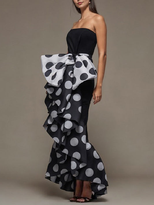 xakxx Skinny Sleeveless Bow-Embellished Pleated Polka-Dot Split-Joint Tube Maxi Dresses