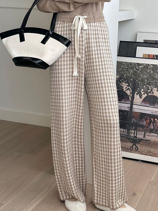 xakxx High Waisted Loose Drawstring Elasticity Plaid Pants Trousers