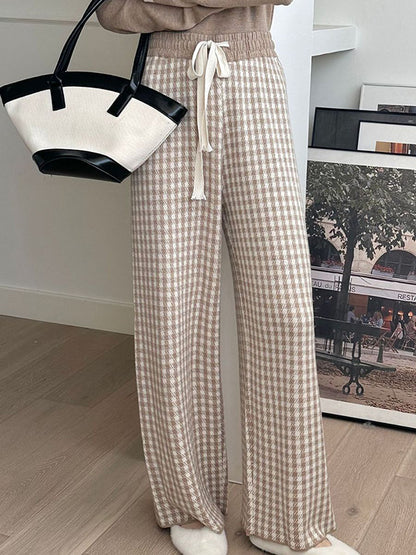 xakxx High Waisted Loose Drawstring Elasticity Plaid Pants Trousers