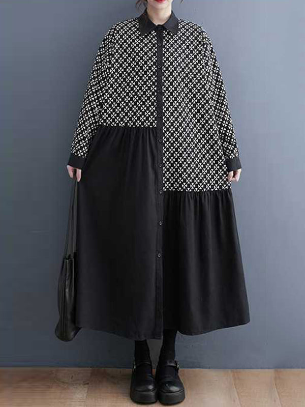 xakxx A-Line Long Sleeves Asymmetric Buttoned Pleated Printed Split-Joint Lapel Midi Dresses