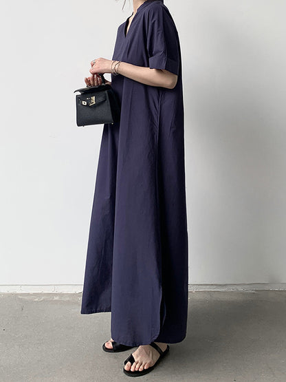 xakxx Loose Short Sleeves Solid Color V-Neck Maxi Dresses