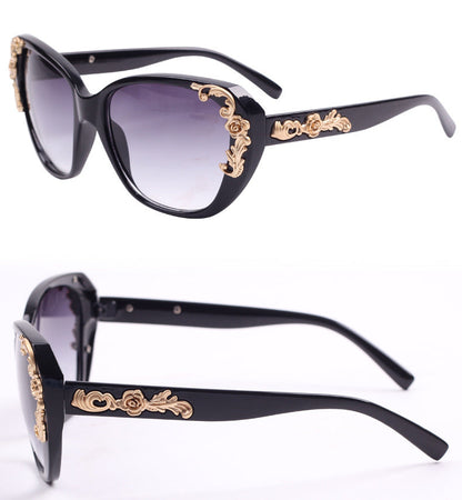 xakxx Women's Vintage Gold-tone Roses Carving Oversize Black Frame Sunglasses