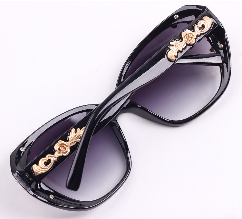 xakxx Women's Vintage Gold-tone Roses Carving Oversize Black Frame Sunglasses