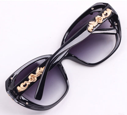 xakxx Women's Vintage Gold-tone Roses Carving Oversize Black Frame Sunglasses