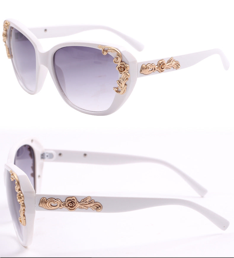 xakxx Women's Vintage Gold-tone Roses Carving Oversize Black Frame Sunglasses