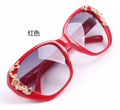 xakxx Women's Vintage Gold-tone Roses Carving Oversize Black Frame Sunglasses