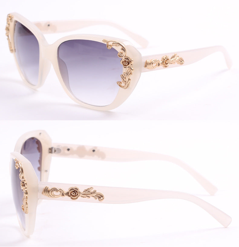 xakxx Women's Vintage Gold-tone Roses Carving Oversize Black Frame Sunglasses