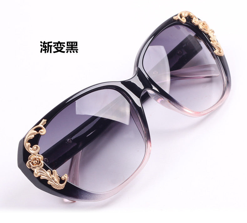 xakxx Women's Vintage Gold-tone Roses Carving Oversize Black Frame Sunglasses