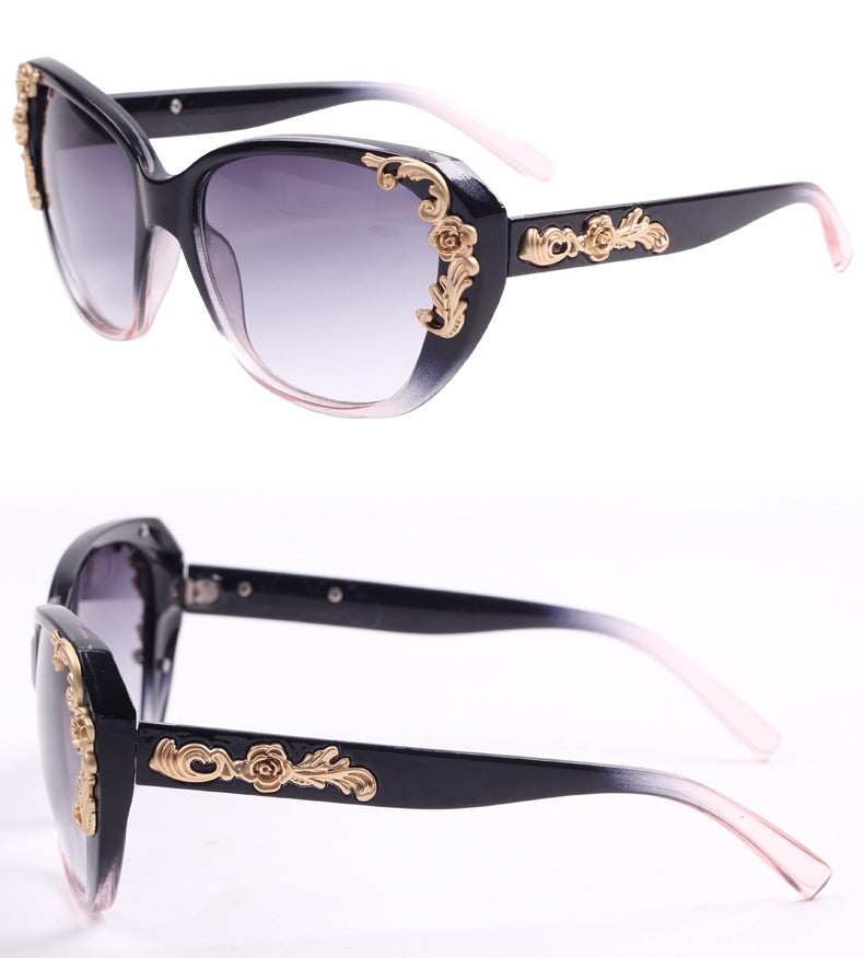 xakxx Women's Vintage Gold-tone Roses Carving Oversize Black Frame Sunglasses