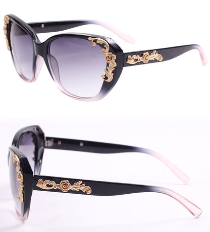 xakxx Women's Vintage Gold-tone Roses Carving Oversize Black Frame Sunglasses