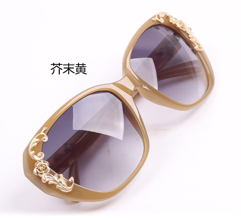 xakxx Women's Vintage Gold-tone Roses Carving Oversize Black Frame Sunglasses