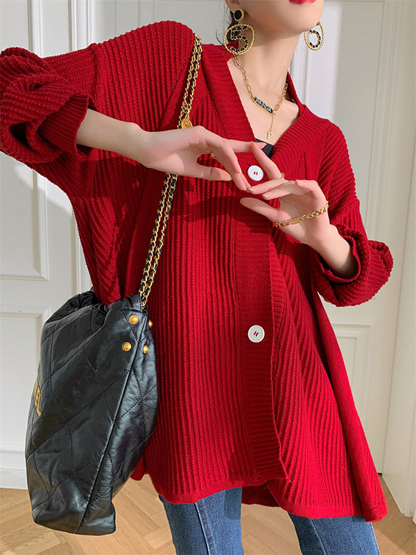 xakxx Stylish A-Line Long Sleeves Loose Solid Color V-Neck Cardigan Tops