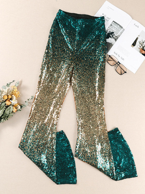 xakxx Flared Pants Skinny Leg Contrast Color Gradient Sequined Shiny Pants Bottoms