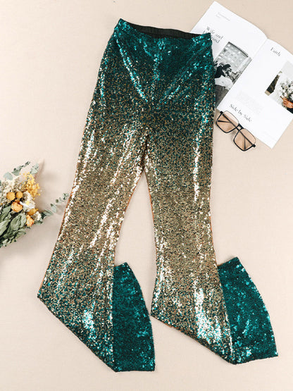 xakxx Flared Pants Skinny Leg Contrast Color Gradient Sequined Shiny Pants Bottoms
