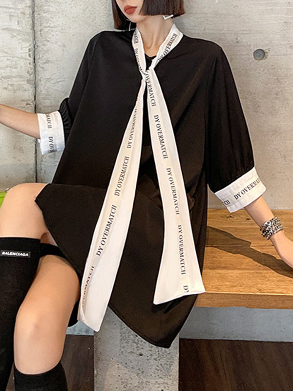 xakxx Loose Short Sleeves Contrast Color Lace-Up Letter Print Split-Joint Stand Collar Blouses
