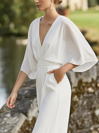 xakxx Simple Solid Color V-Neck Half Sleeves Wide Leg Jumpsuits