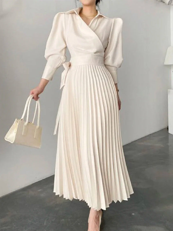 xakxx Office Pleated Asymmetric Solid Color Lapel Maxi Dresses