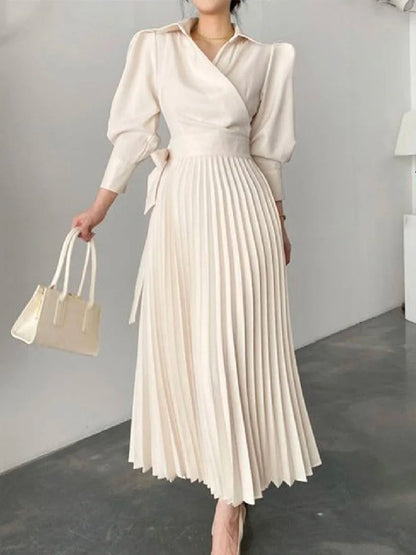 xakxx Office Pleated Asymmetric Solid Color Lapel Maxi Dresses