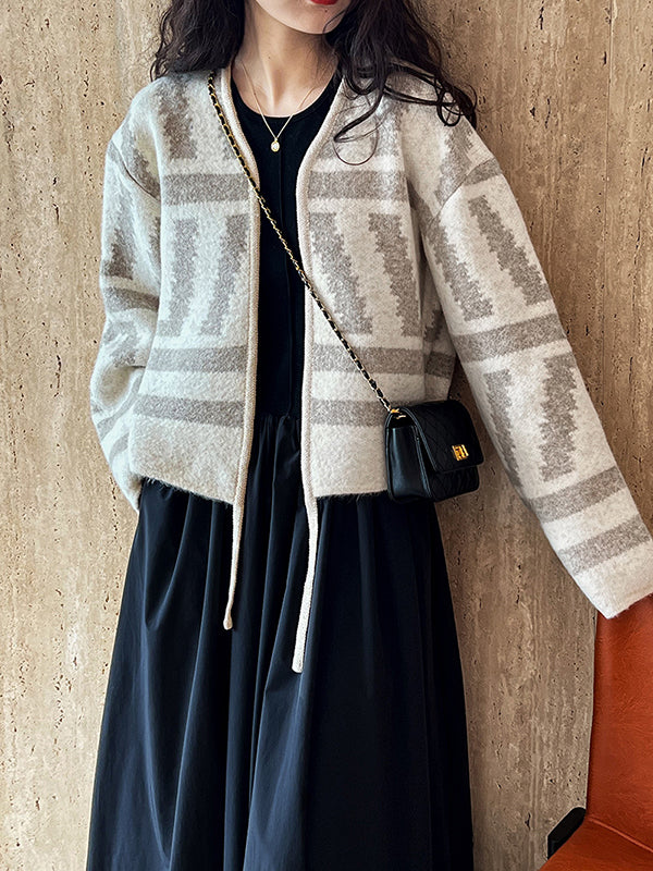xakxx Long Sleeves Loose Contrast Color Printed Collarless Cardigan Tops