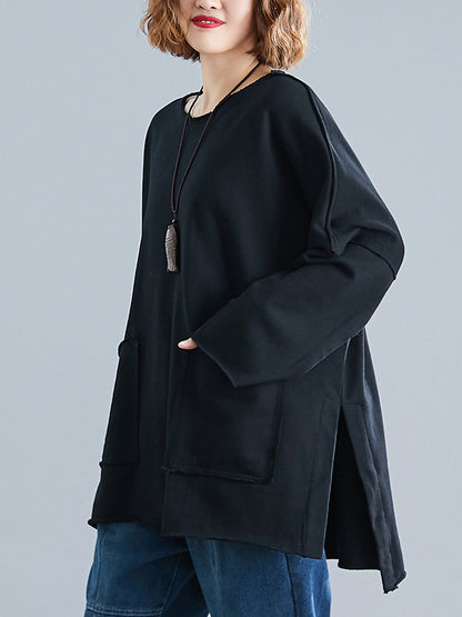 xakxx High-Low Long Sleeves Pockets Solid Color Split-Joint Split-Side Round-Neck Sweatshirt Tops