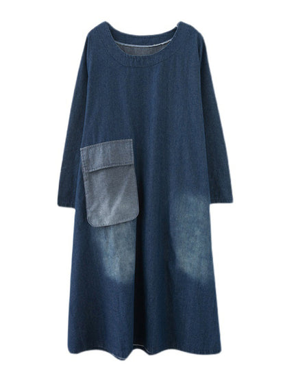 xakxx Artistic Retro Loose Denim Applique Round-Neck Long Sleeves Midi Dress