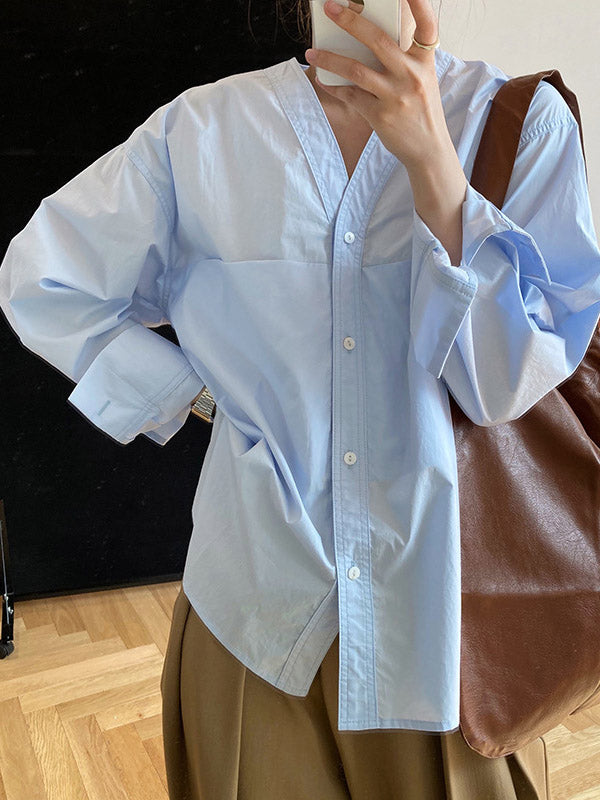 xakxx Loose Simple V-Neck Pocket Blouses