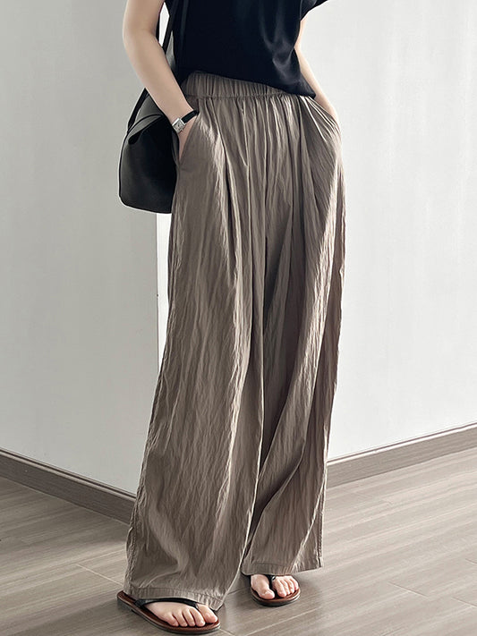 xakxx High Waisted Wide Leg Elasticity Pleated Solid Color Casual Pants Bottoms Trousers