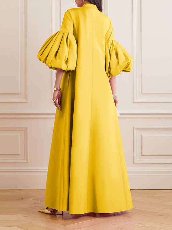 xakxx Loose Flower Shape Solid Color Stand Collar Lantern Sleeves Maxi Dresses