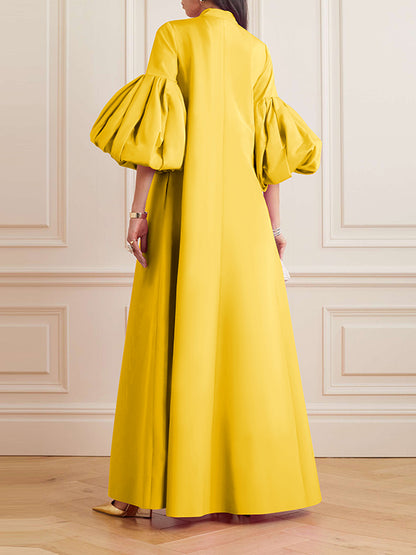 xakxx Loose Flower Shape Solid Color Stand Collar Lantern Sleeves Maxi Dresses