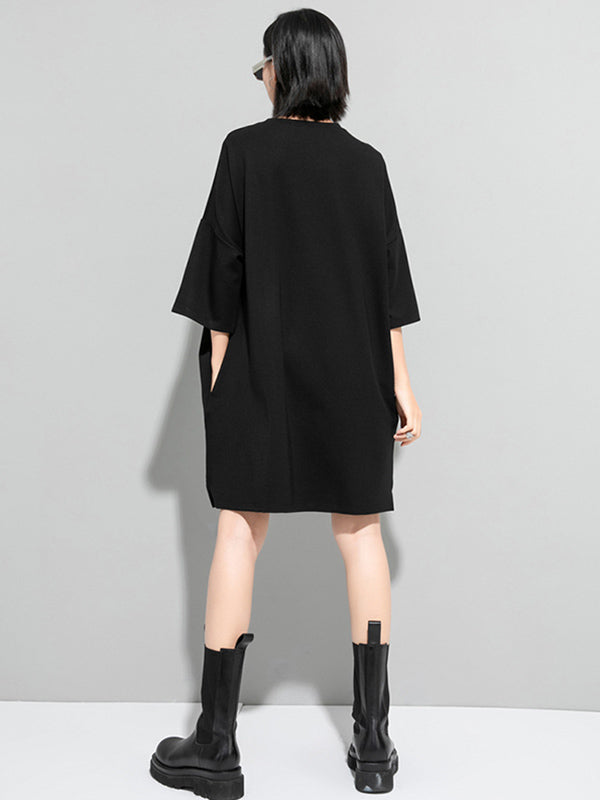 xakxx Original Black Zipper Batwing Sleeve Round-Neck Mini Dress