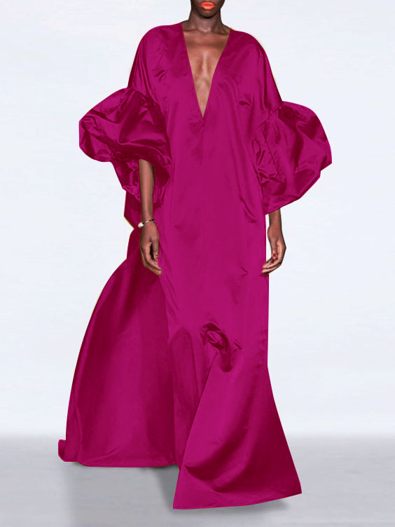 xakxx Loose Puff Sleeves Solid Color V-Neck Maxi Dresses