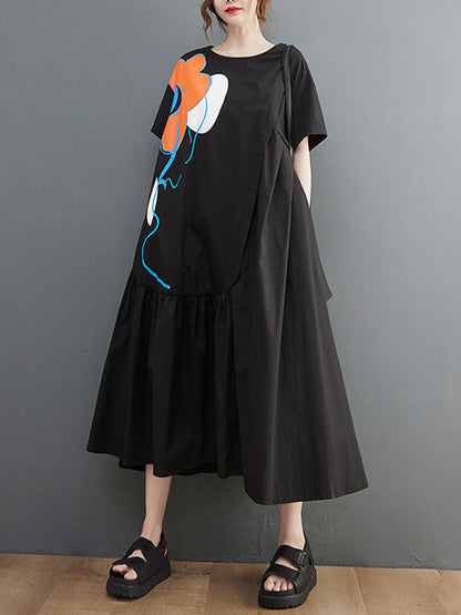 xakxx Loose Floral Printed Pleated Split-Joint Midi Dress