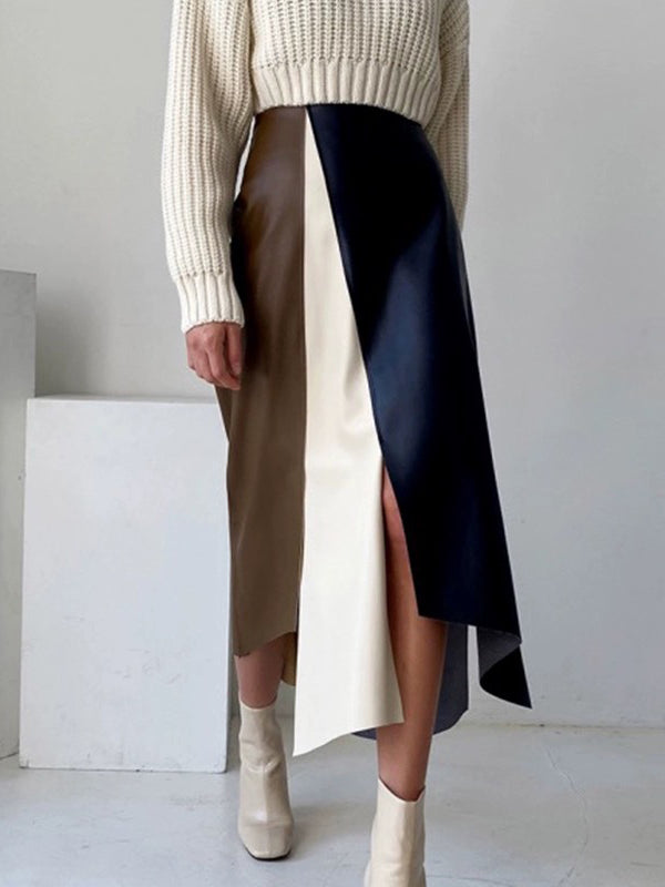 xakxx A-Line High Waisted Asymmetric Contrast Color Split-Front Skirts Bottoms