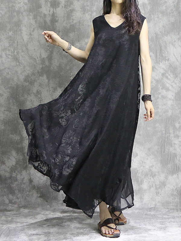 xakxx False Two Loose Flower Print Solid Color V-Neck Midi Dresses
