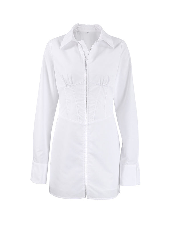 xakxx High Waisted Long Sleeves Buckle Solid Color Split-Front Lapel Mini Dresses