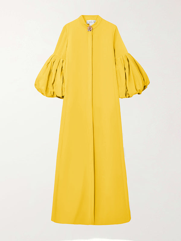 xakxx Loose Flower Shape Solid Color Stand Collar Lantern Sleeves Maxi Dresses