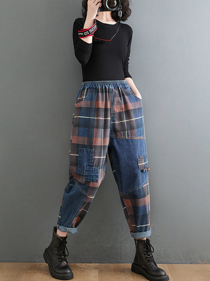 xakxx Original Artistic Retro Plaid Jean Pants