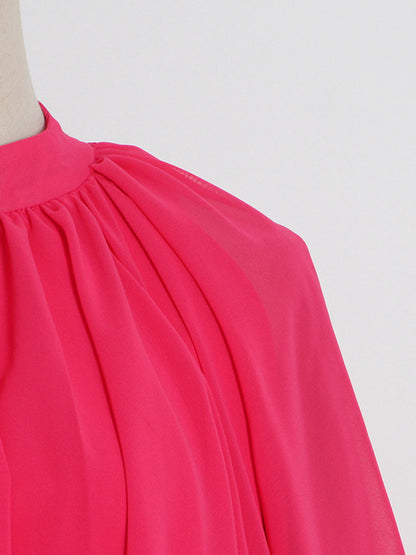 xakxx Loose Raglan Sleeve Solid Color Tiered Stand Collar Maxi Dresses