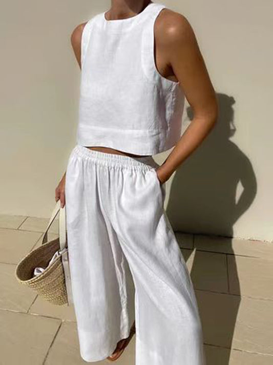 xakxx Solid Color Round-Neck Sleeveless Vest + Elasticity Wide Leg Pants Two Pieces Set