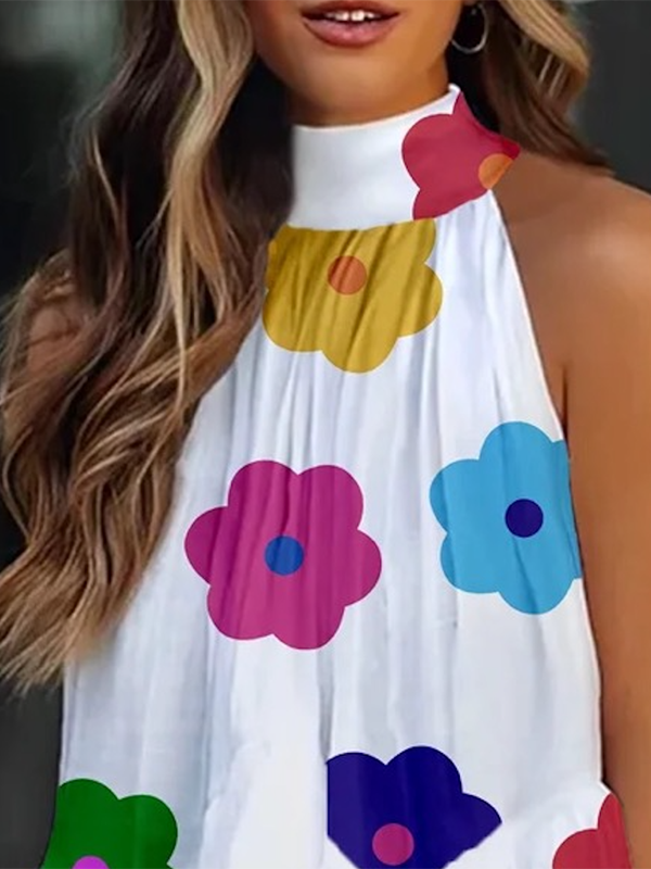 xakxx Loose Sleeveless Falbala Floral Printed Stand Collar Vest Top