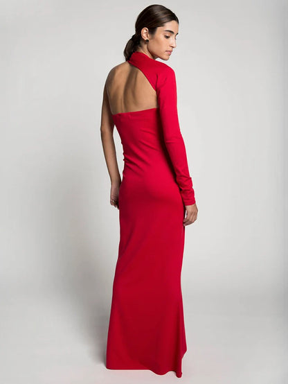 xakxx Stylish Skinny Asymmetric Hollow Backless One-Shoulder Maxi Dress