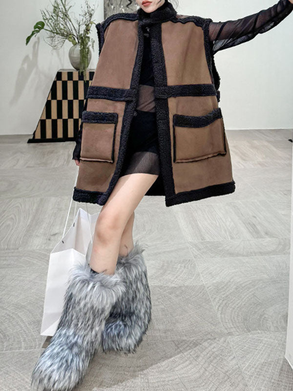xakxx Loose Sleeveless Buttoned Contrast Color Pockets Reversible Velvet Stand Collar Vest Outerwear