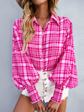 xakxx Long Sleeves Loose Buttoned Contrast Color Elasticity Plaid Lapel Blouses&Shirts Tops